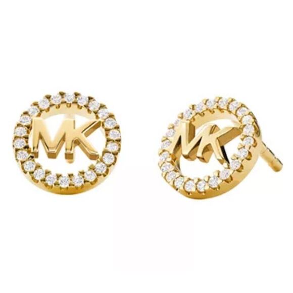 Michael Kors 14K Gold Vermeil CZ Hoop Earrings MK Logo Stud Luxury Trendy Chic - Picture 1 of 14
